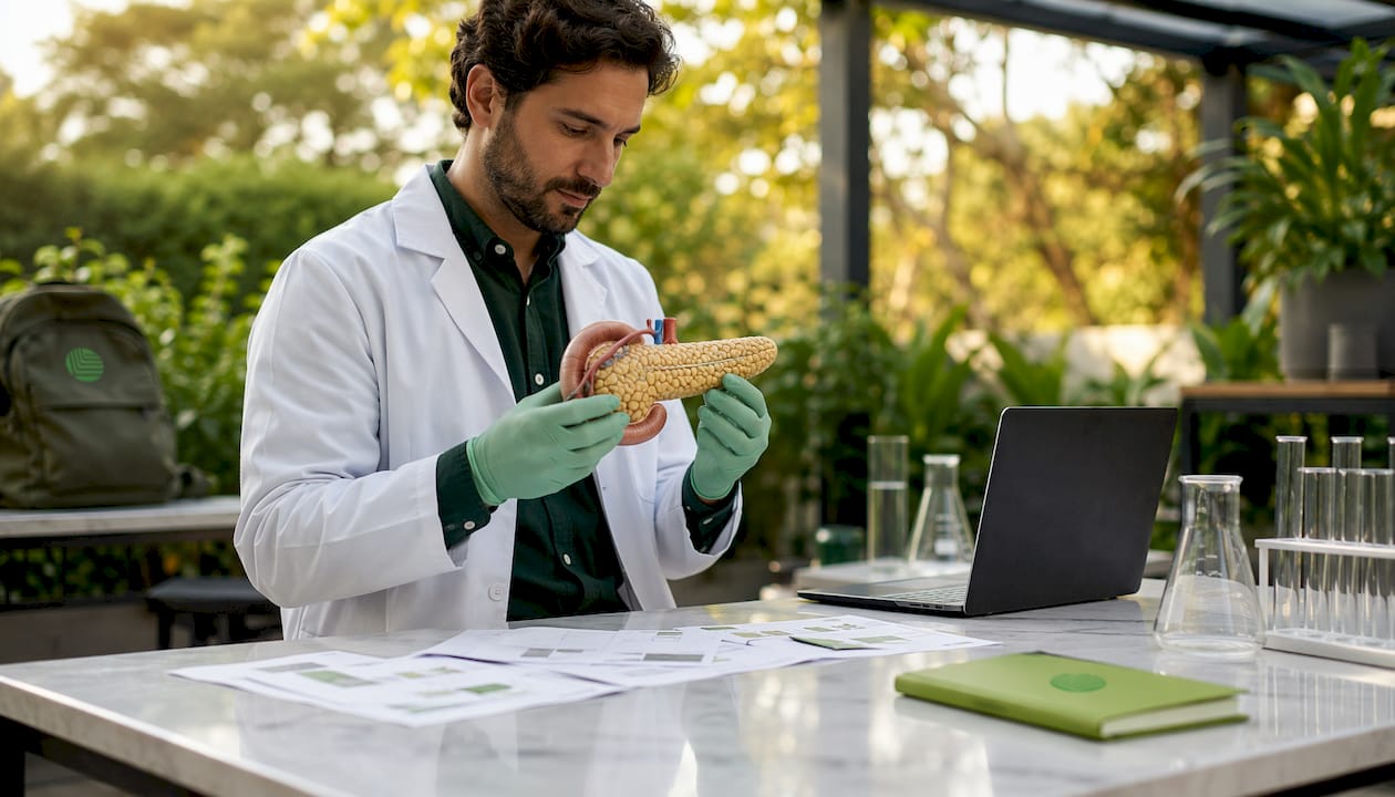 Scientist examining pancreas model in lab
