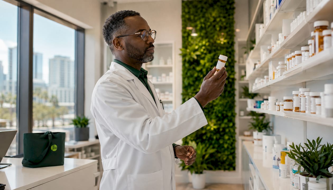 Pharmacist verifying medication safety in pharmacy