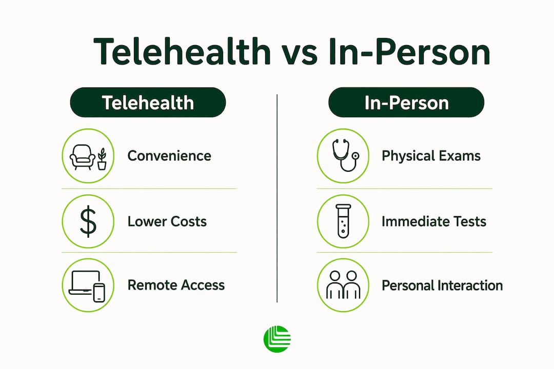 Infographic comparing telehealth and in-person care benefits