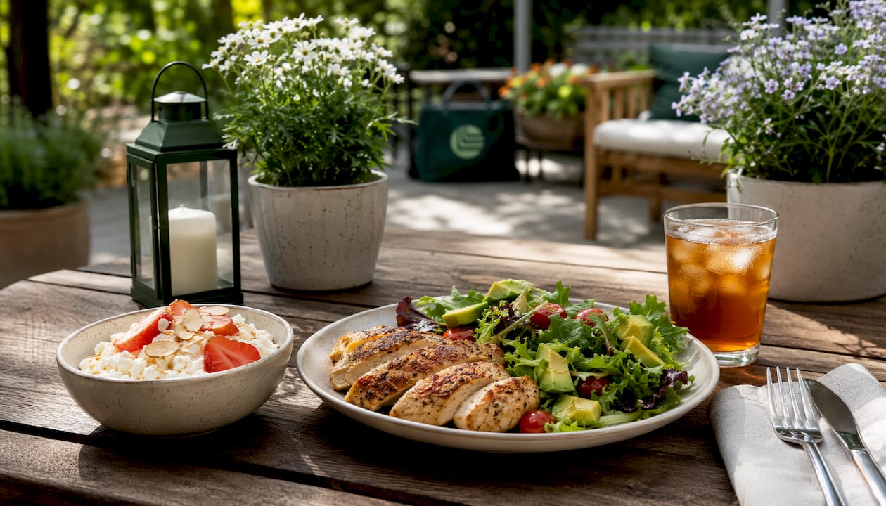 Overhead view of protein-rich meals on table