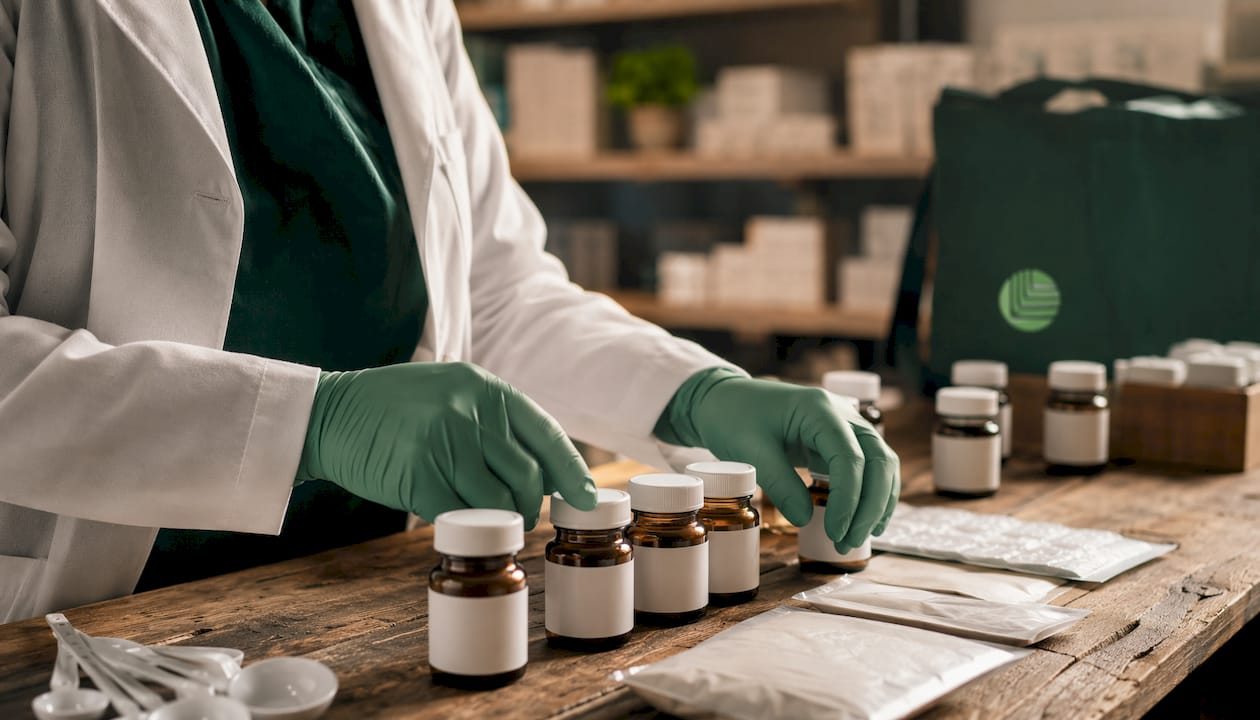 Pharmacist handling prescription bottles in lab