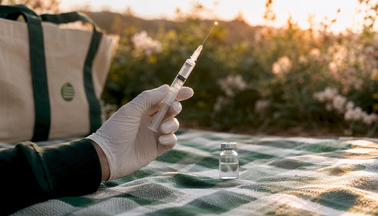 Close-up of syringe and medication vial