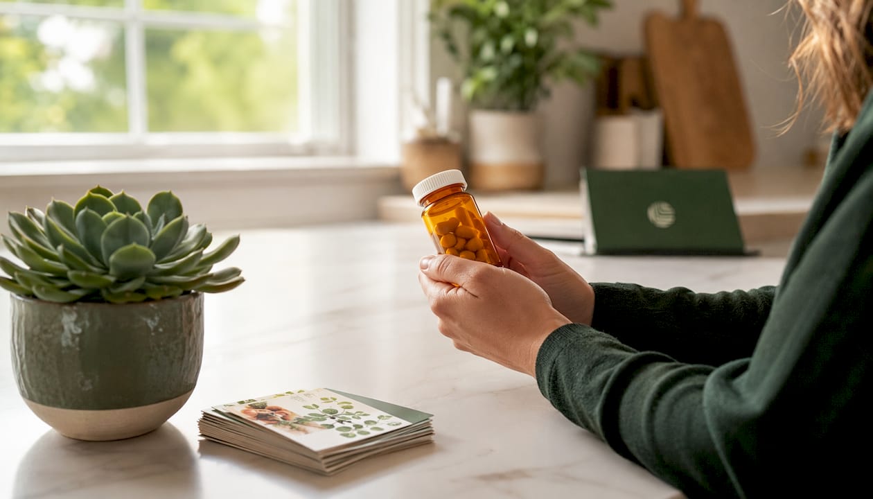 Hands holding prescription pill bottle on desk