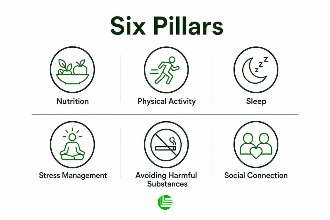 Infographic illustrating six pillars of lifestyle medicine