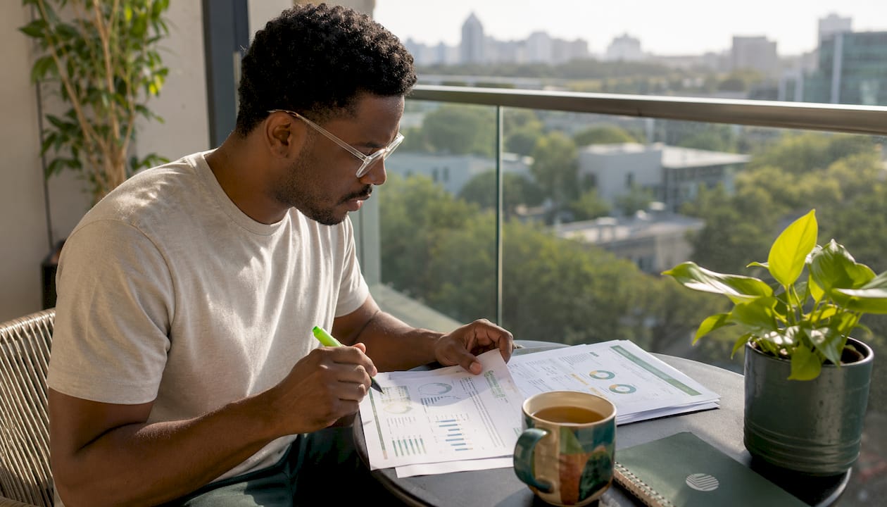 Patient reviewing printed wellness data at kitchen table