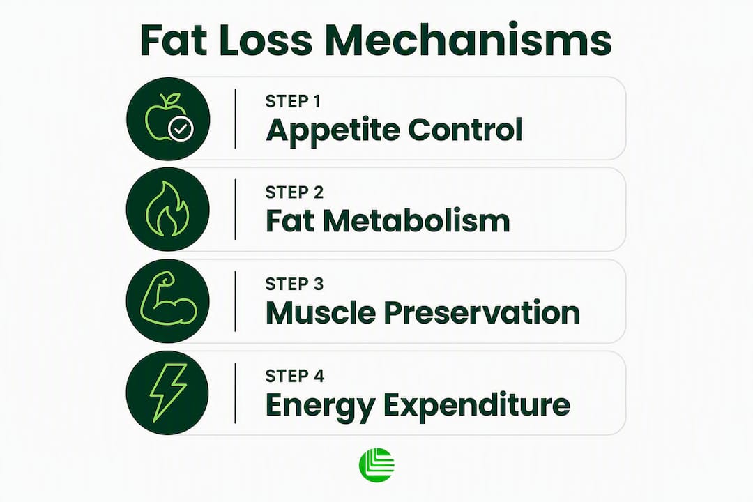 Infographic outlining fat loss mechanisms by peptides