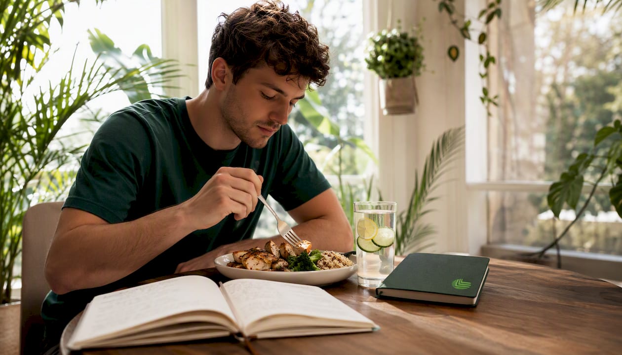 Young man eating nutrient dense meal carefully
