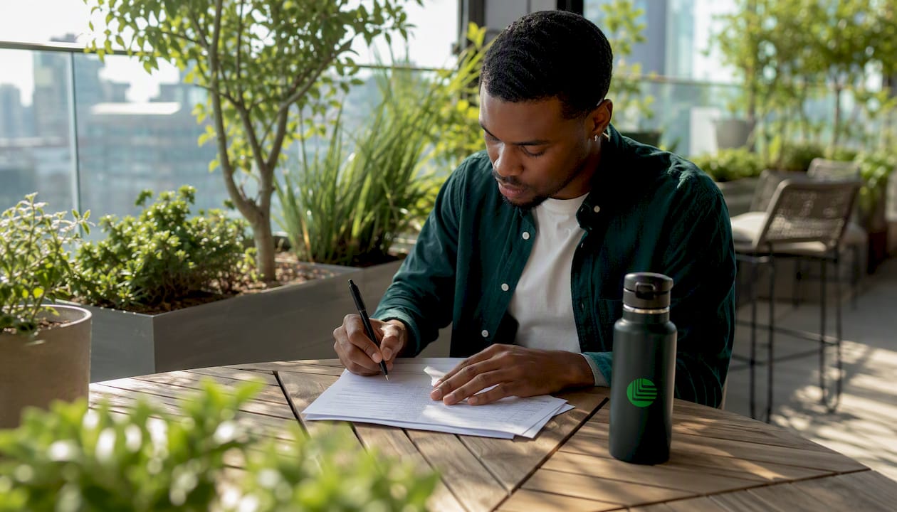 Man completing medical questionnaire in café