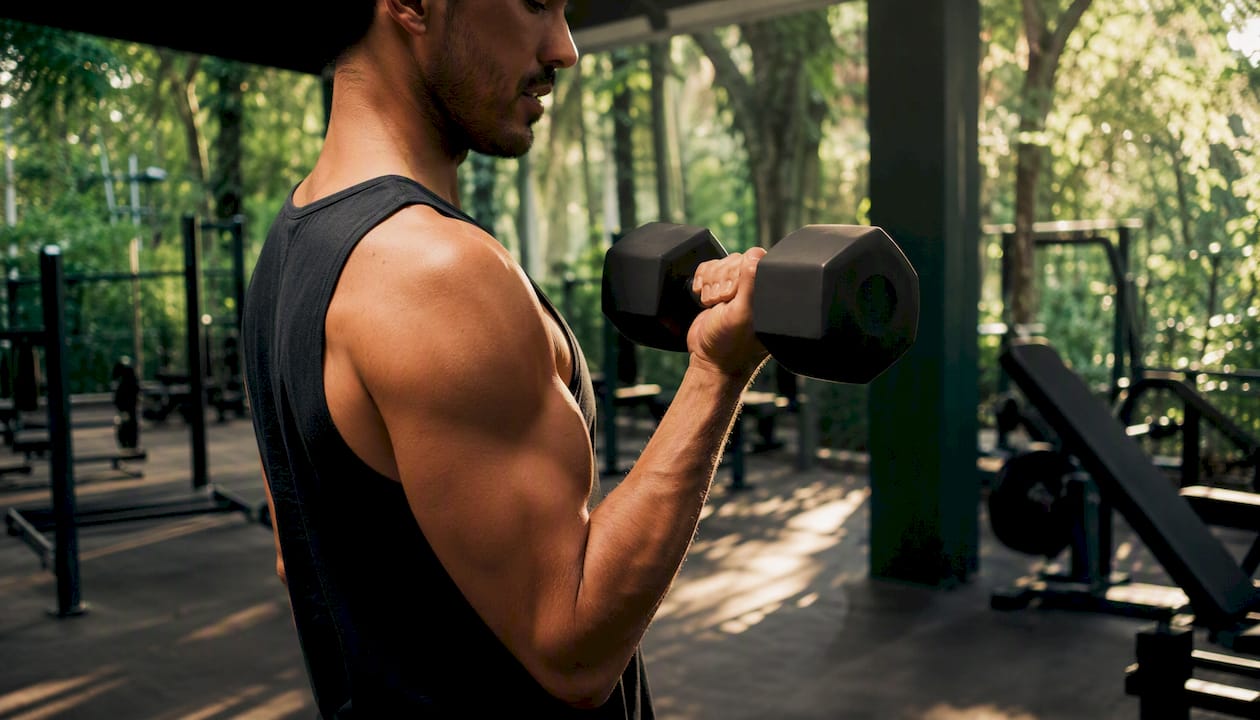 Hands gripping dumbbell during curl