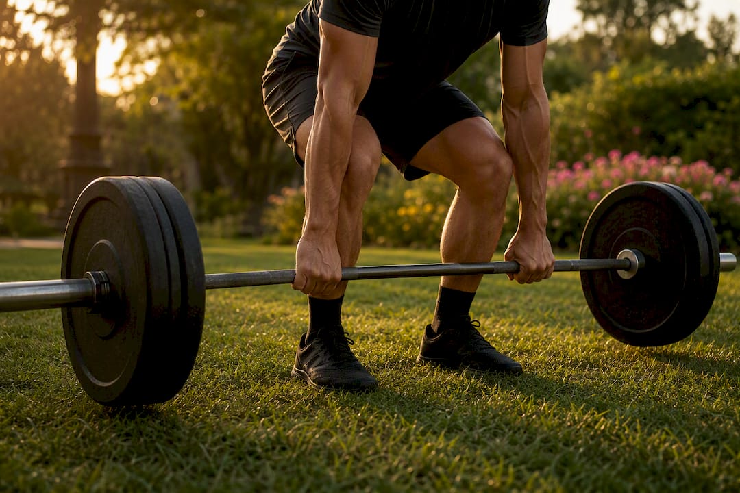 Hands gripping barbell during deadlift