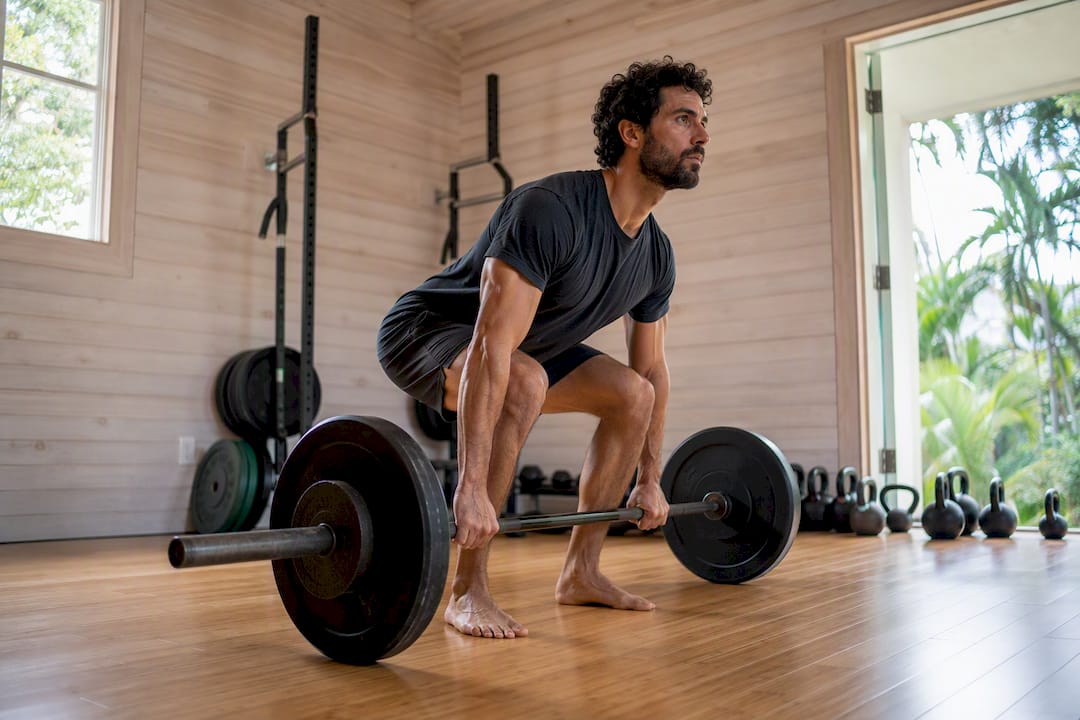 Man performing barbell squat in home gym