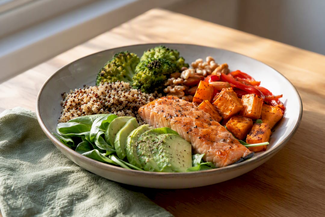 Balanced plate of protein, fats, and vegetables