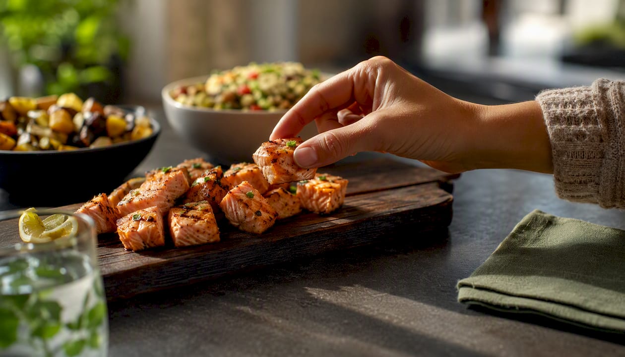 Hand eating protein first bite from plate