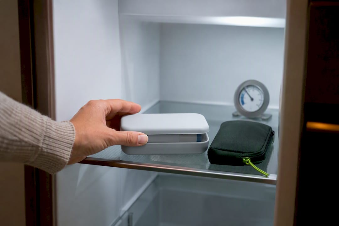 Medication case stored safely in refrigerator