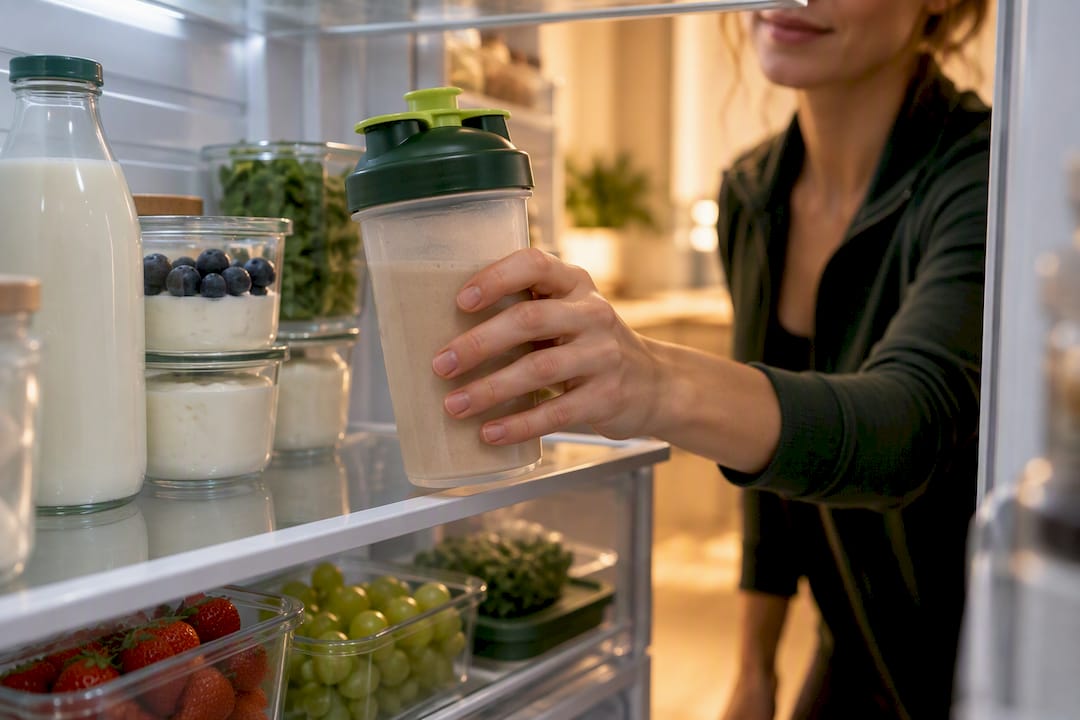 Pre-mixed protein shake stored in refrigerator