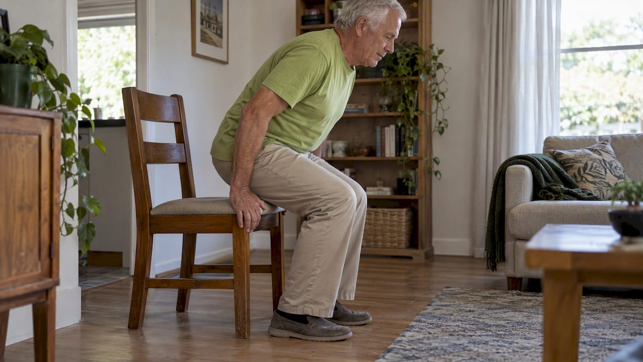 Older man completing a sit-to-stand check
