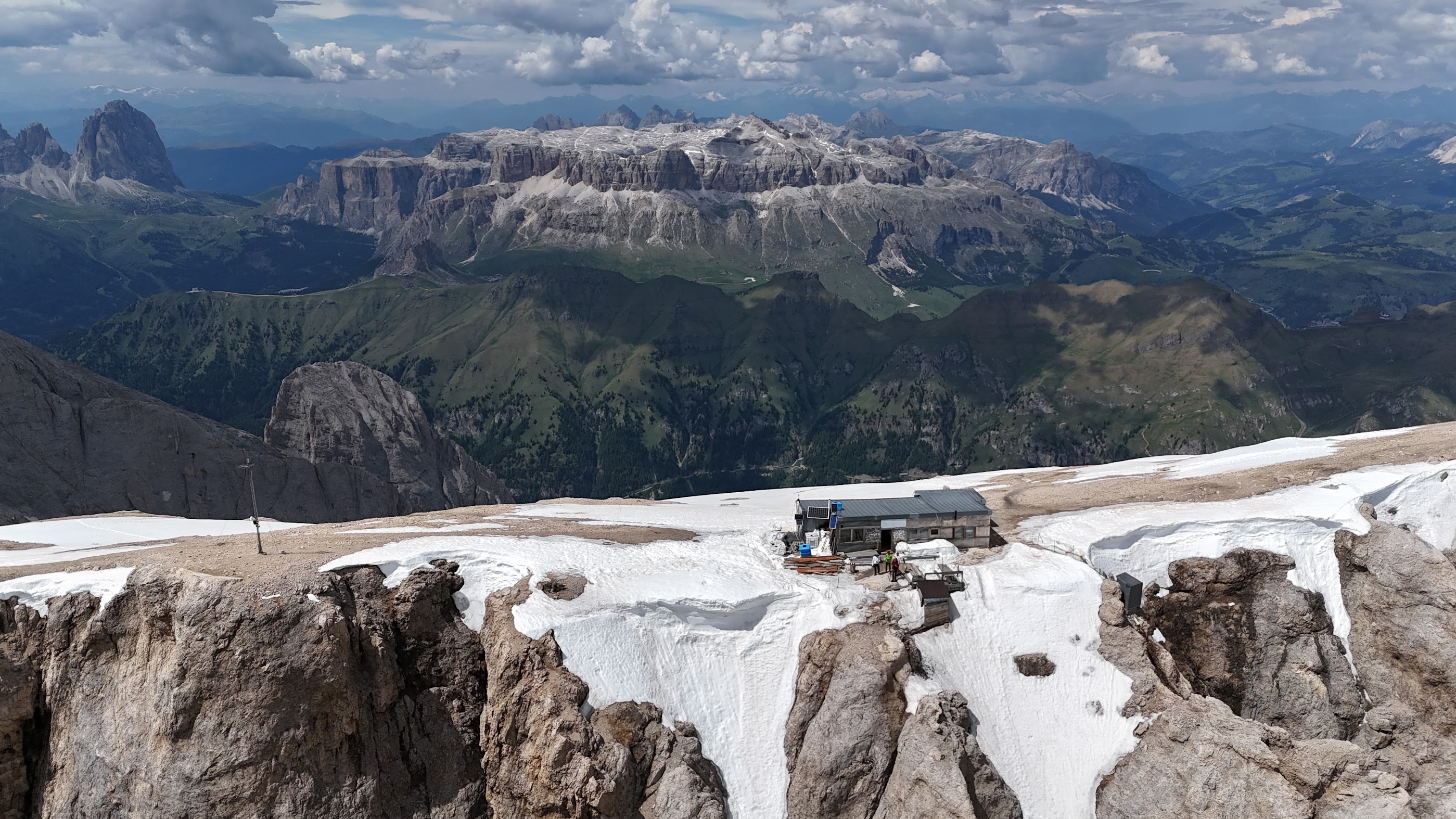 Drone view of Capanna Punta Penia on the summit of Marmolada, 3,343 m
