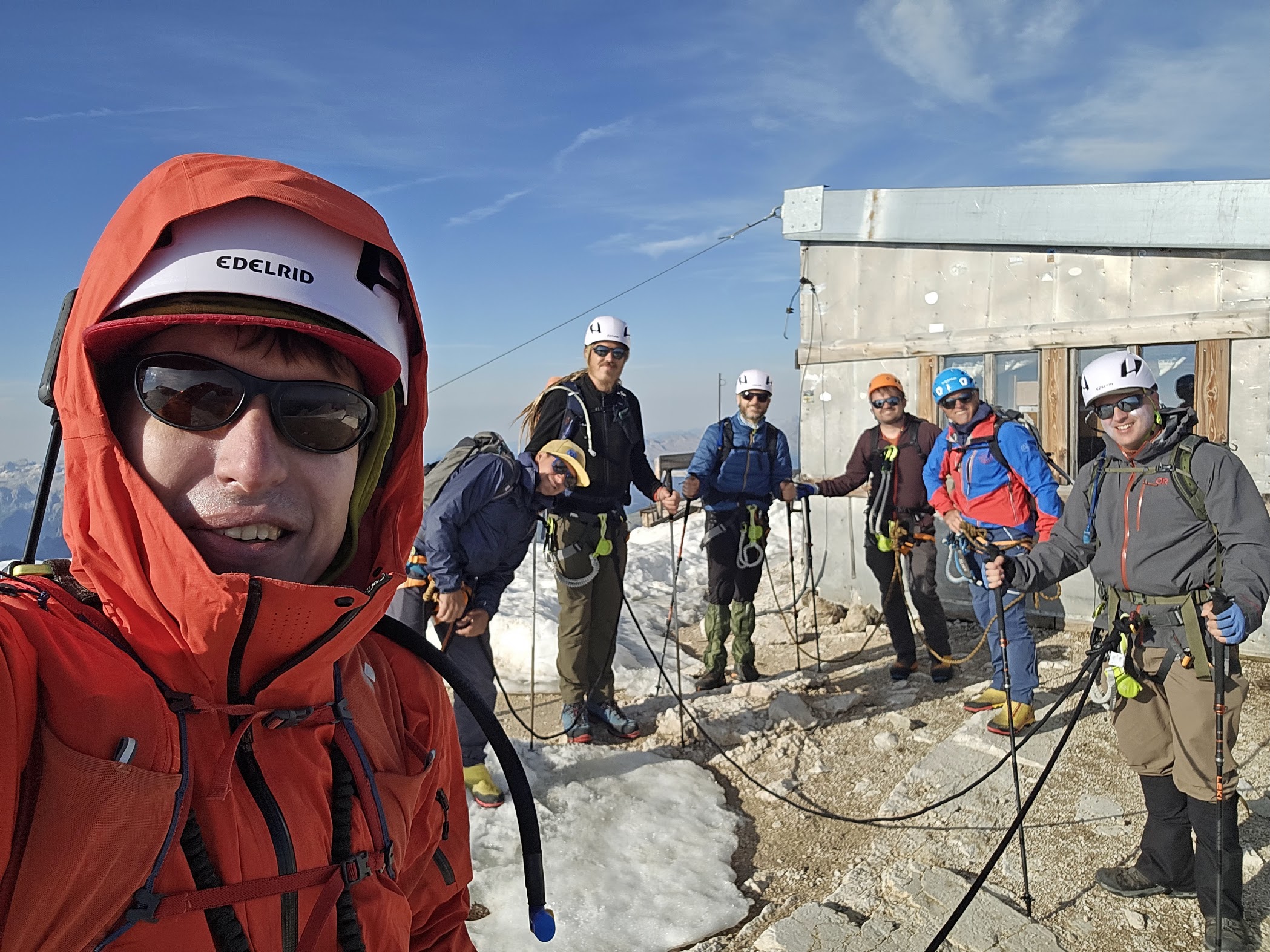 The Geeks Go Peaks team selfie on Marmolada