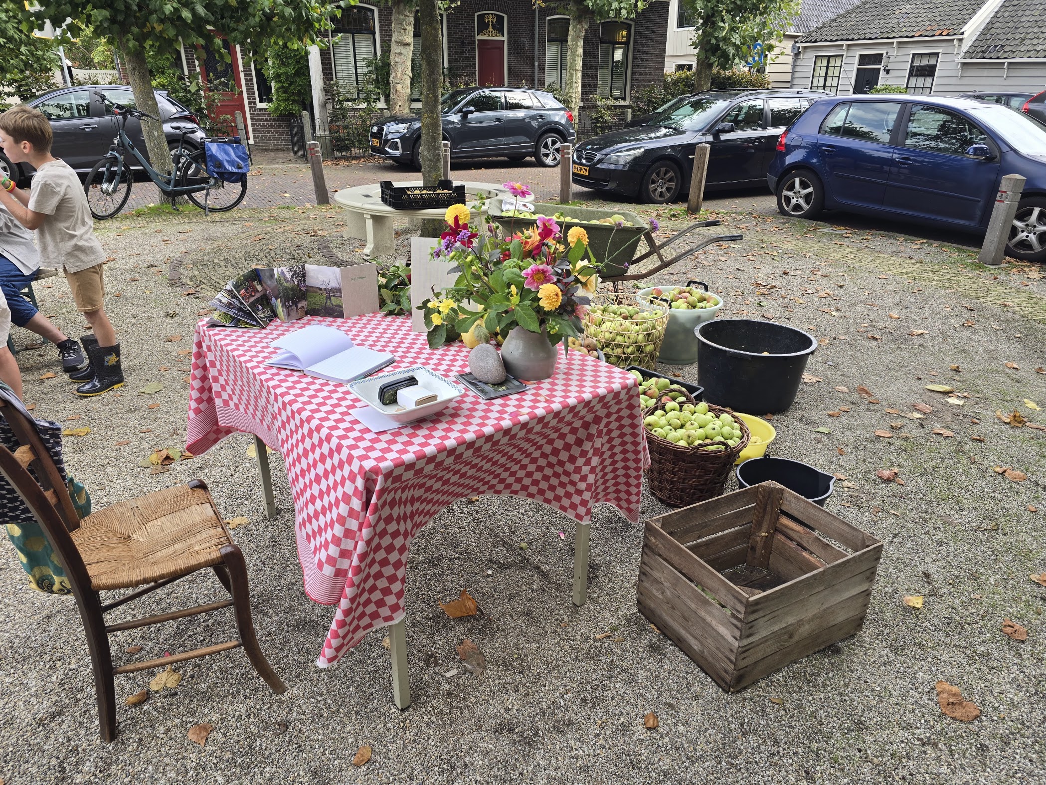 A roadside farm stand with apples, grapes and fresh flowers for sale