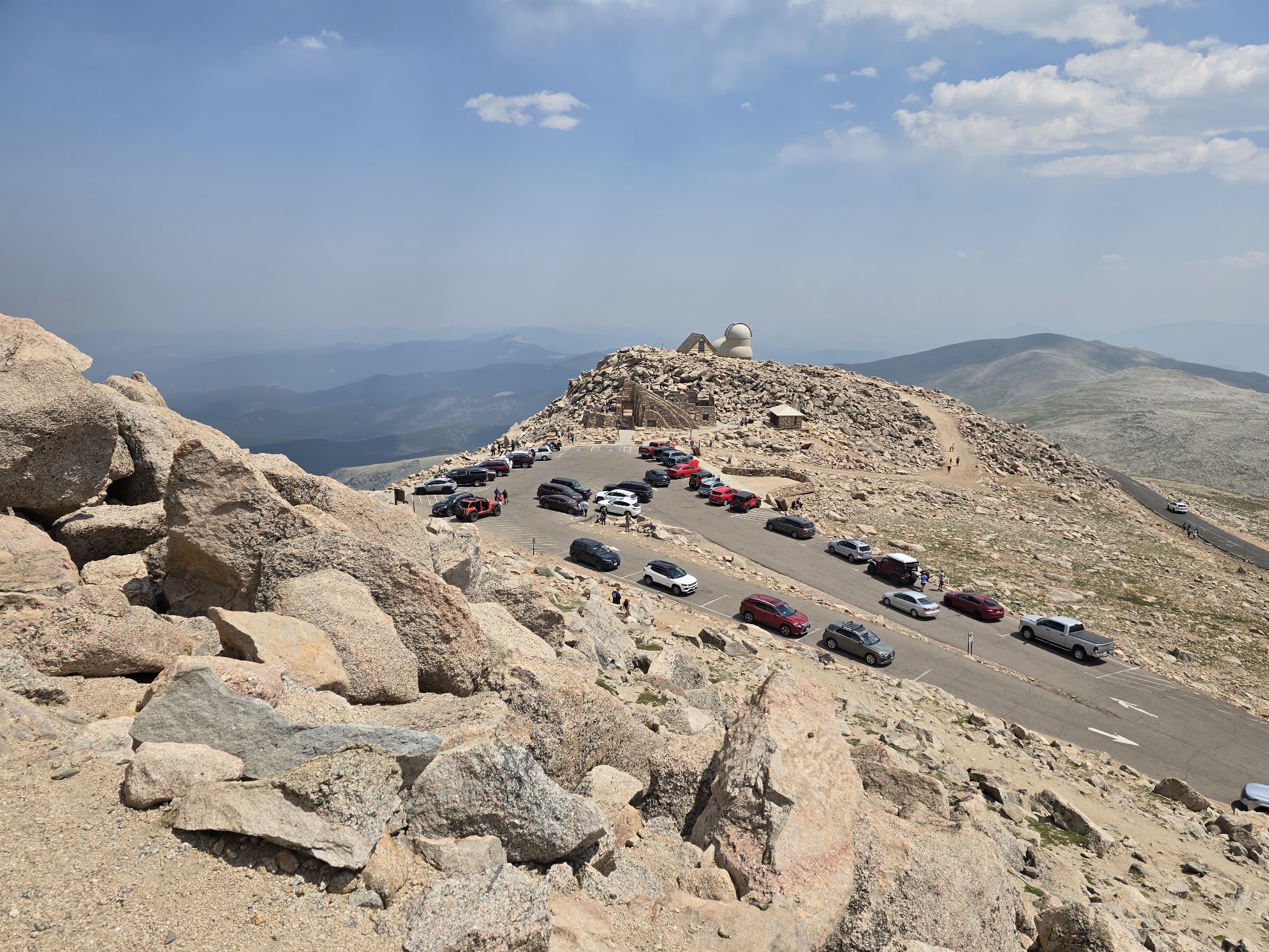 The observatory and parking area at the summit of Mount Blue Sky, Colorado, seen from above