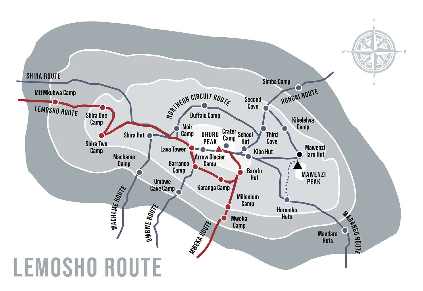 Map of the Lemosho route on Kilimanjaro, from Mti Mkubwa Camp to Uhuru Peak and down via Mweka