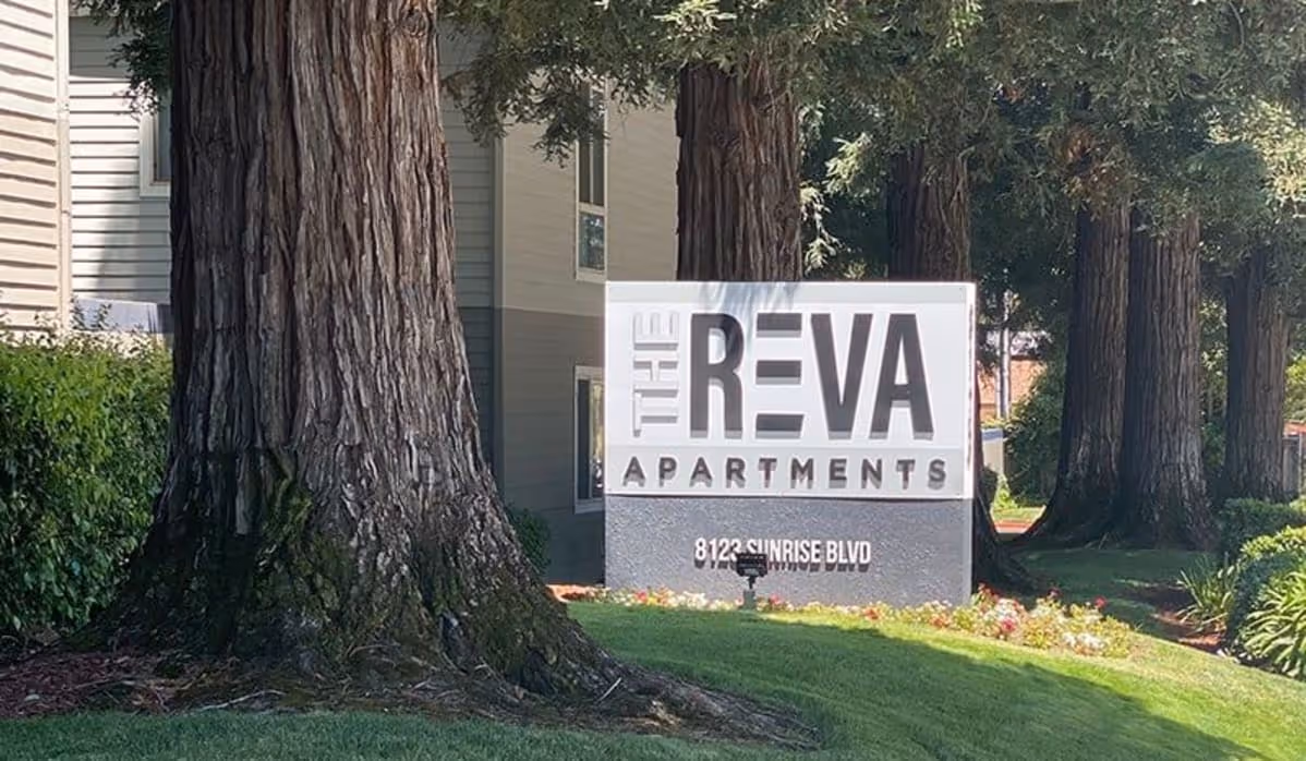 The Reva entrance sign