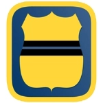Yellow shield icon with a black horizontal stripe across the middle, set against a blue rounded square background.