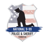 Logo of National 9-99 Police & Sheriff Foundation with a silhouette of a police officer and a dog against a backdrop of the American flag within the shape of a U.S. state.