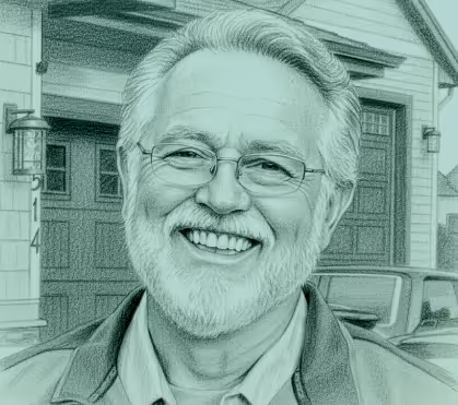 Smiling elderly man with glasses and white beard standing outside in front of a house and car.