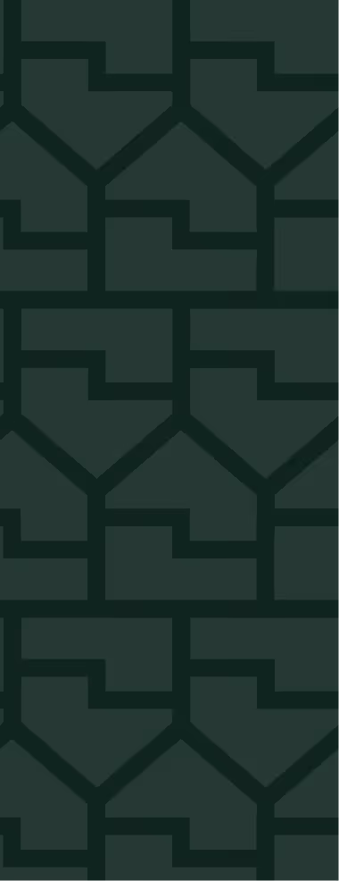 Dark green geometric pattern with interlocking shapes resembling arrows and rectangles.