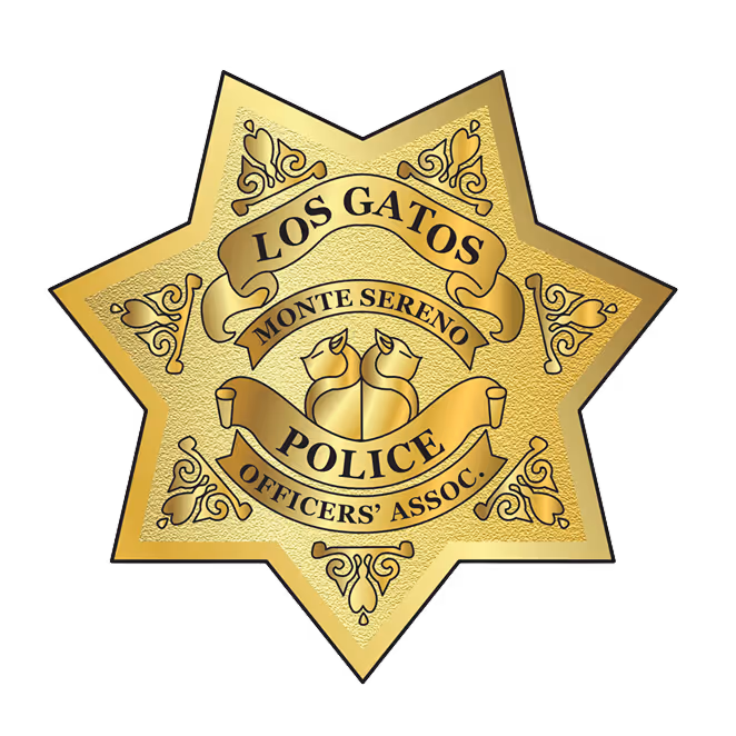 Gold seven-point star badge with Los Gatos Monte Sereno Police Officers' Association emblem featuring two stylized cats back to back.