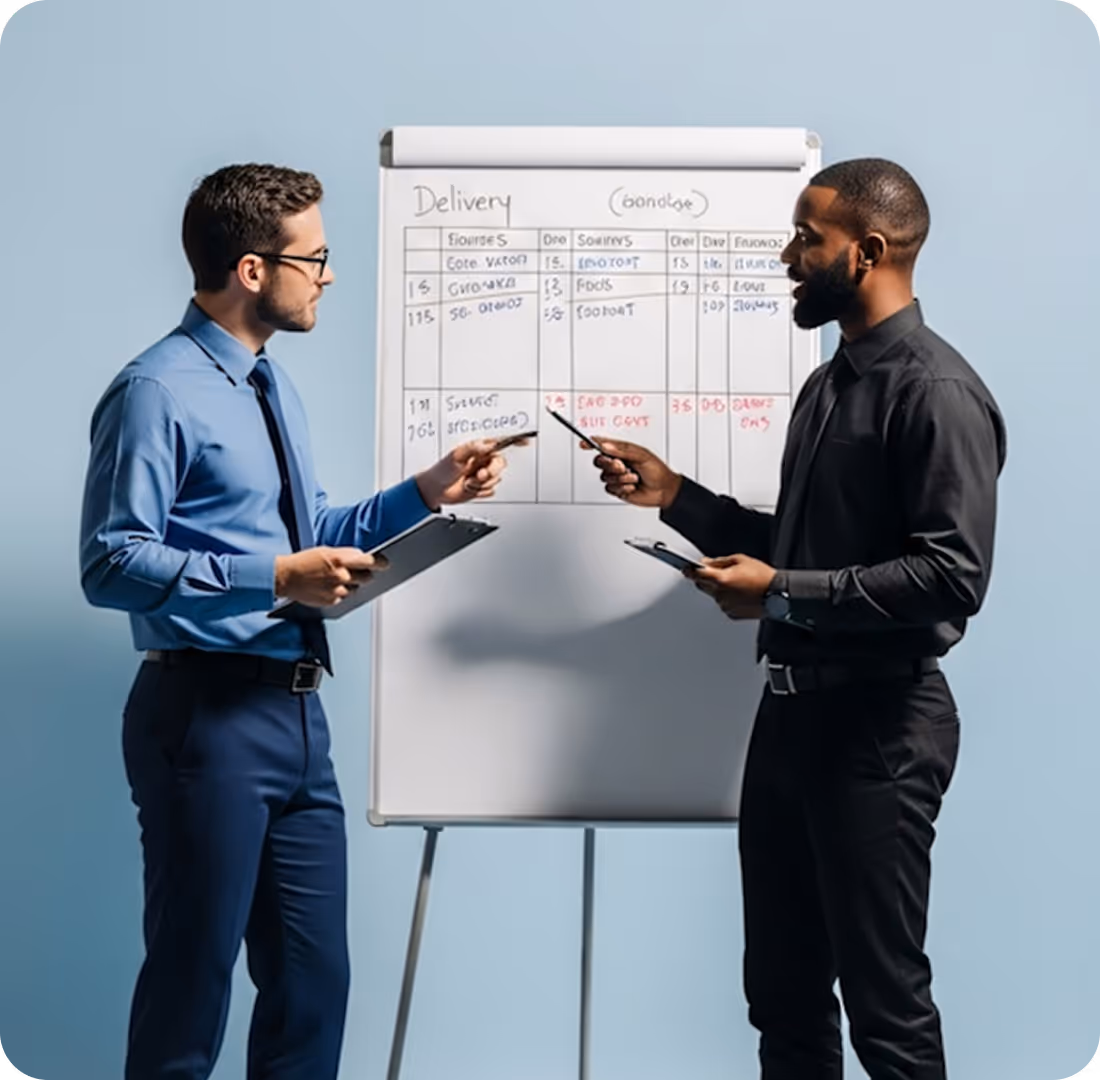 Two businessmen in formal attire discussing delivery details on a whiteboard with clipboard and pens.