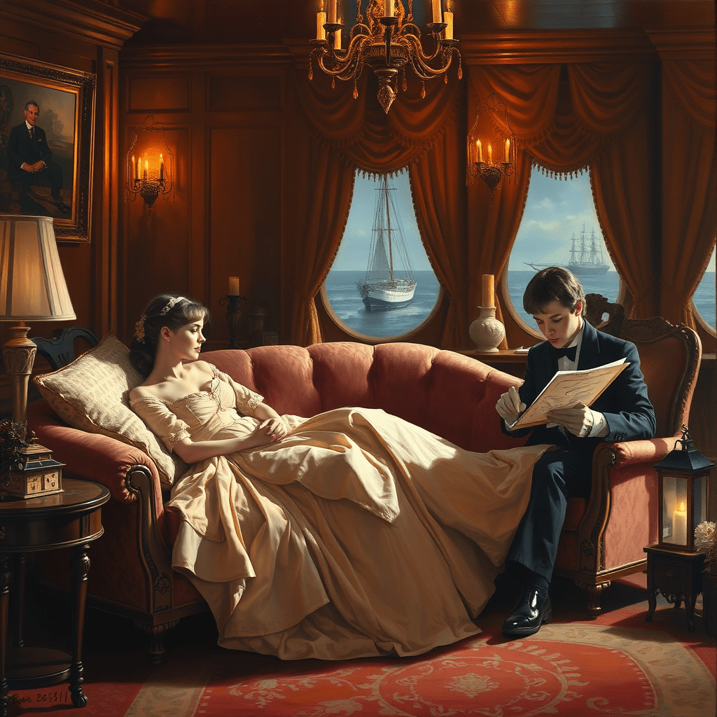 AI-generated painting of the Titanic drawing scene rendered from the same prompt with no specification of who is human or robot