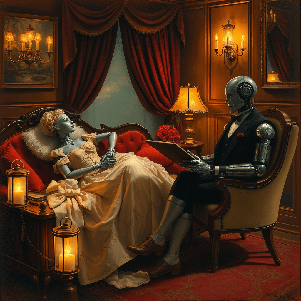 AI-generated painting of the Titanic drawing scene: Rose as a feminine robot reclining on a couch, Jack as a masculine robot with a sketch pad