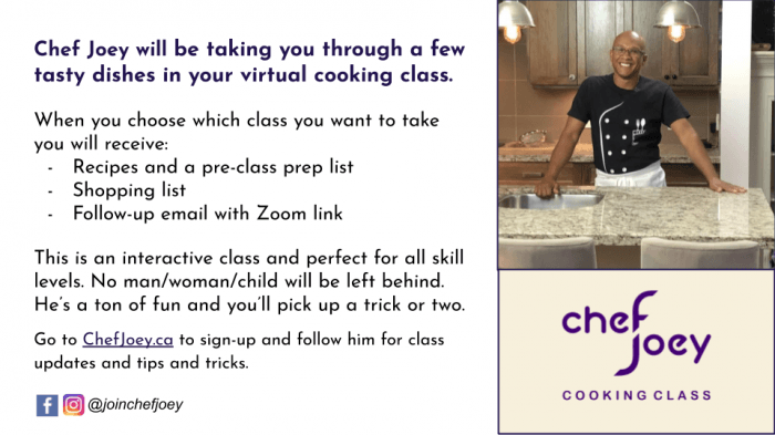 Chef Joey virtual cooking class overview for corporate teams showing class inclusions and booking info