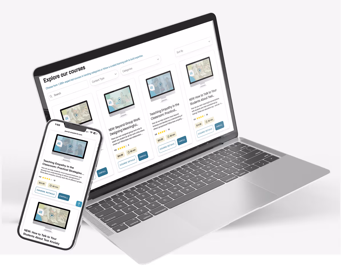 Laptop and smartphone displaying an online course platform with courses on group work, empathy in the classroom, and talking to students about test anxiety.