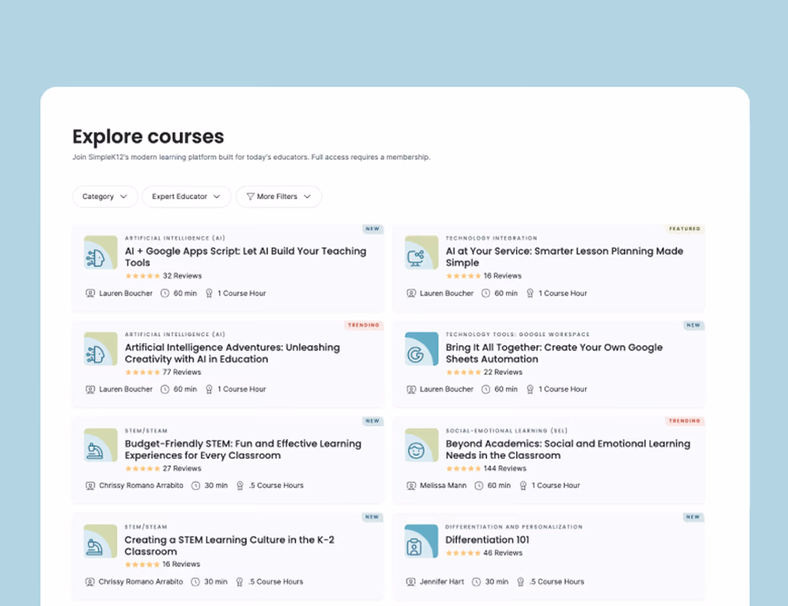 Online course listings with titles, reviews, durations, and educators including AI, STEM, technology integration, and social-emotional learning topics.