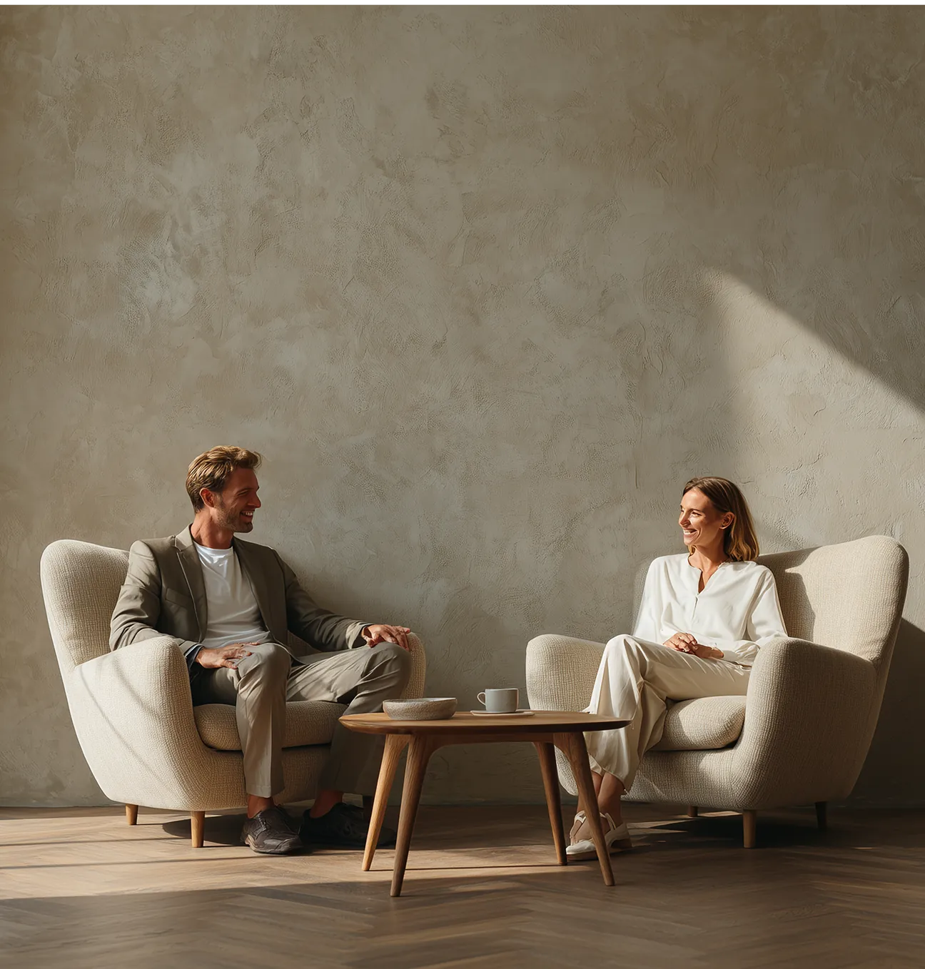 Two people seated in a bright, minimalist room with abundant natural light, showcasing refined spatial design and modern architectural aesthetics.