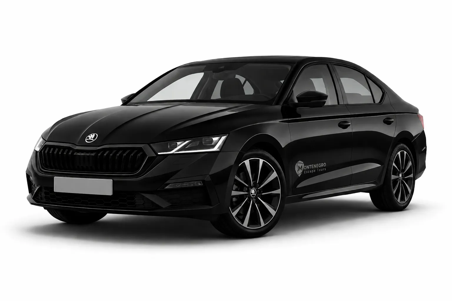 Black Škoda Octavia sedan viewed from the front left side on a white background.
