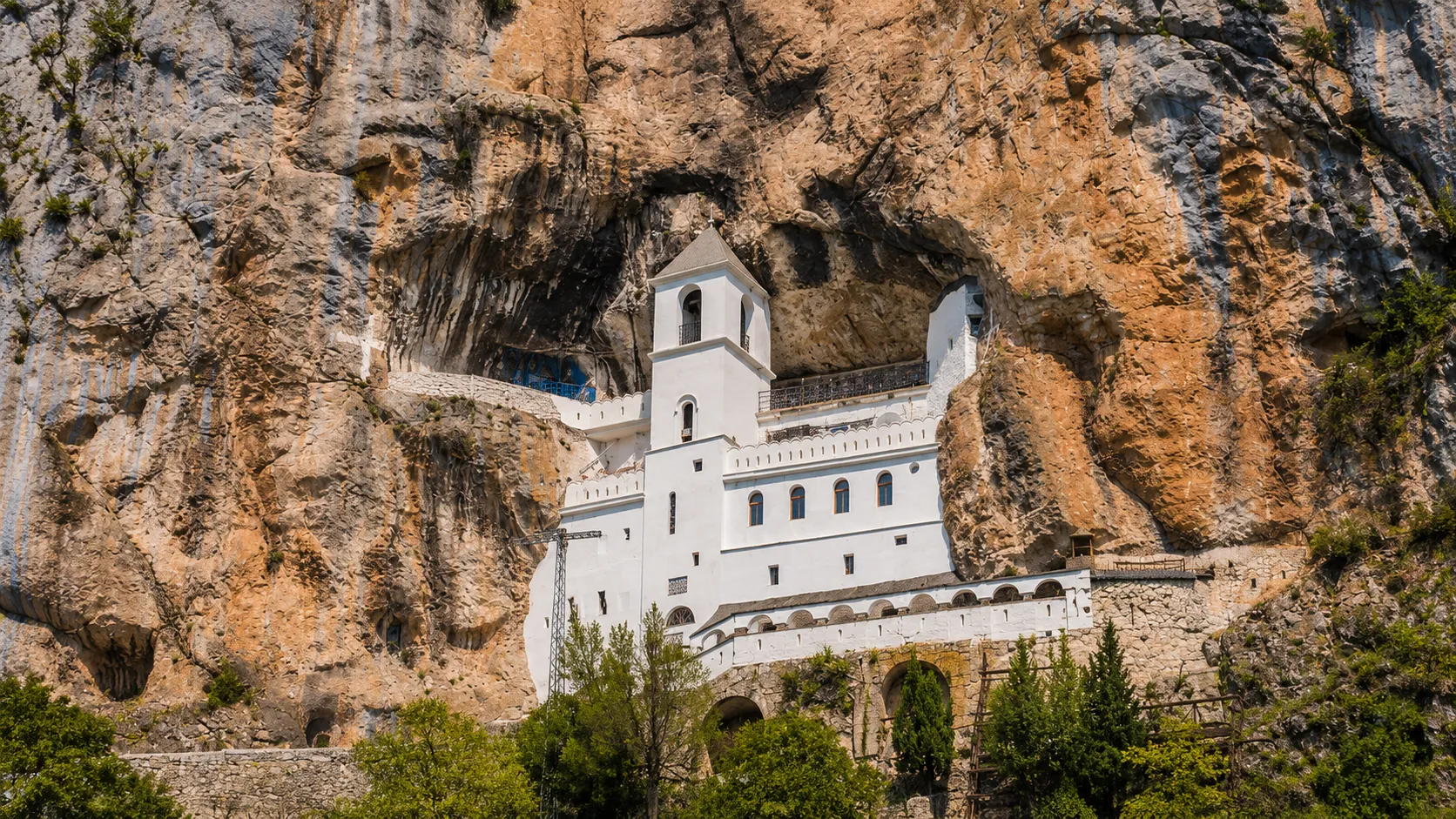 Ostrog Monastery built into a cliffside in Montenegro
