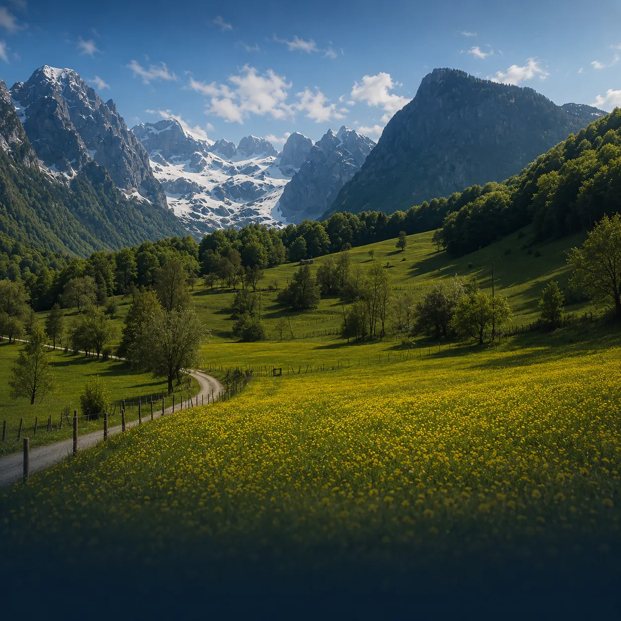 Winding dirt road through a green meadow filled with yellow flowers, leading toward forested hills and snow-capped jagged mountains under a blue sky with scattered clouds.