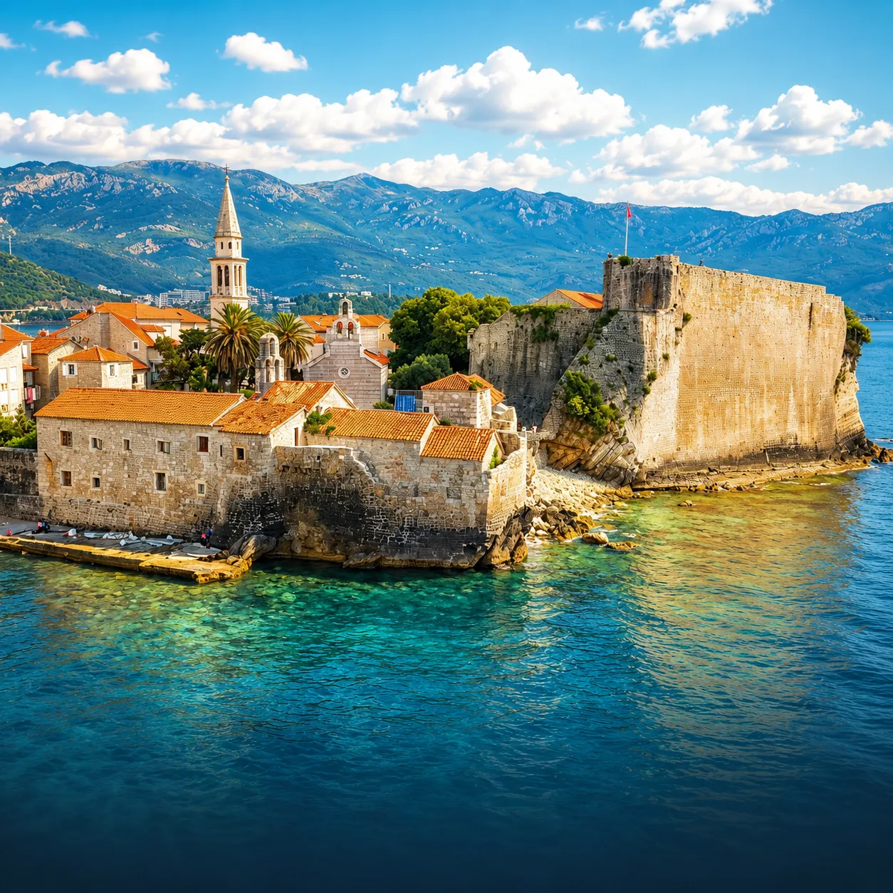 View of historic old town on a small peninsula with stone buildings and orange-tiled roofs, a church tower, and fortress walls by clear turquoise sea, with mountains and blue sky in the background.