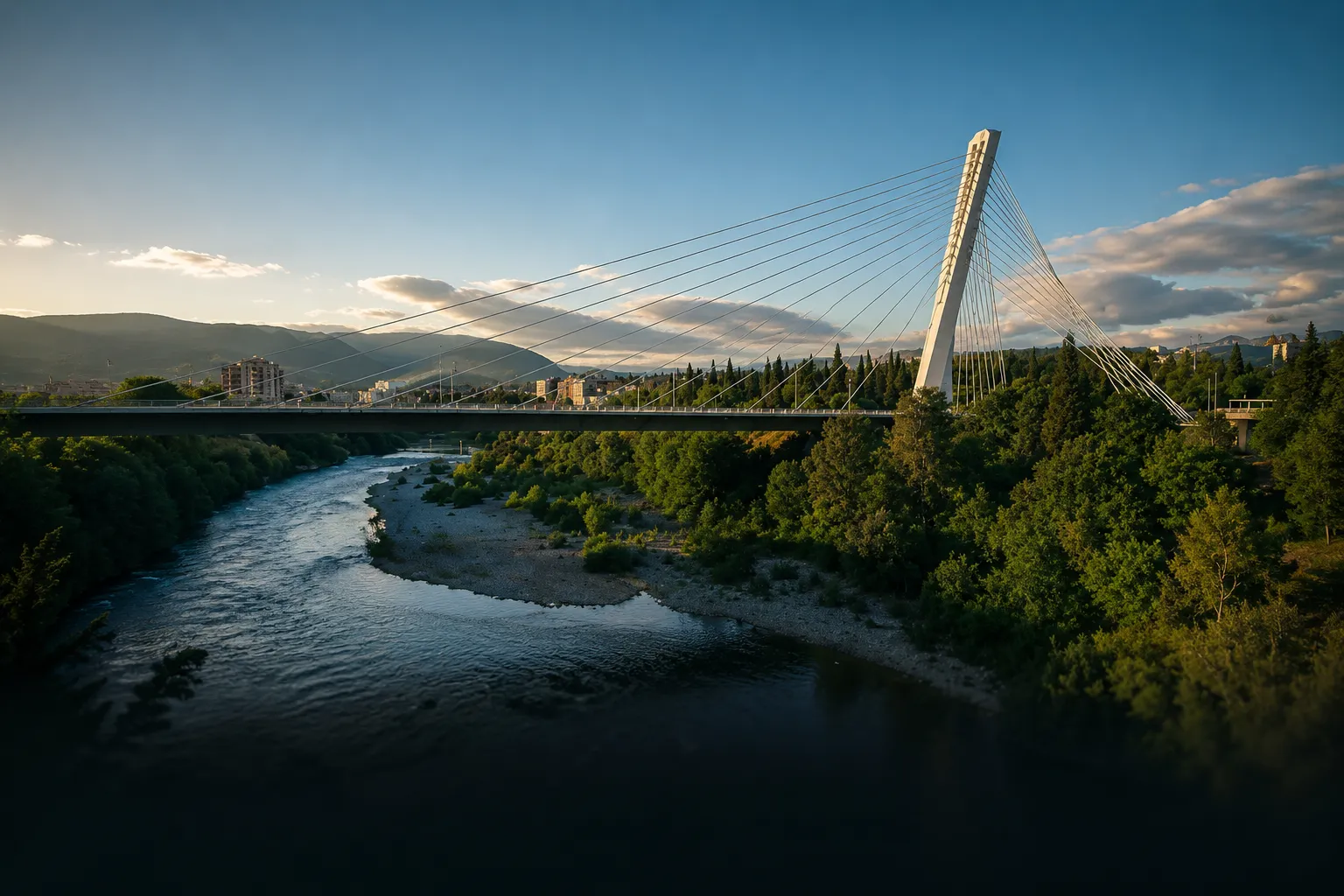 Cable-stayed bridge spanning over a river with forested banks, city buildings, and mountains in the background under a clear sky during sunset.