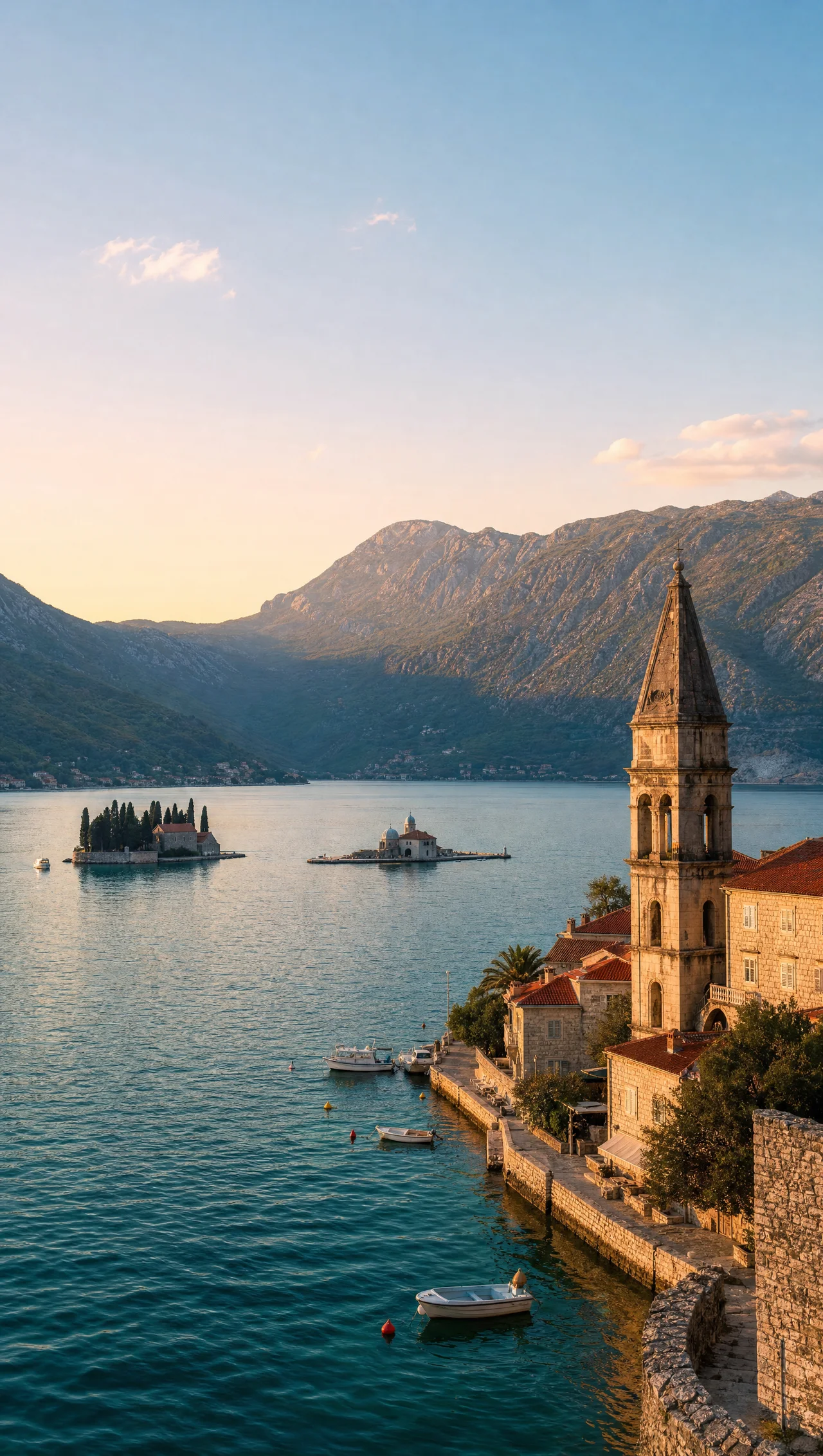Perast waterfront view in the Bay of Kotor, Montenegro
