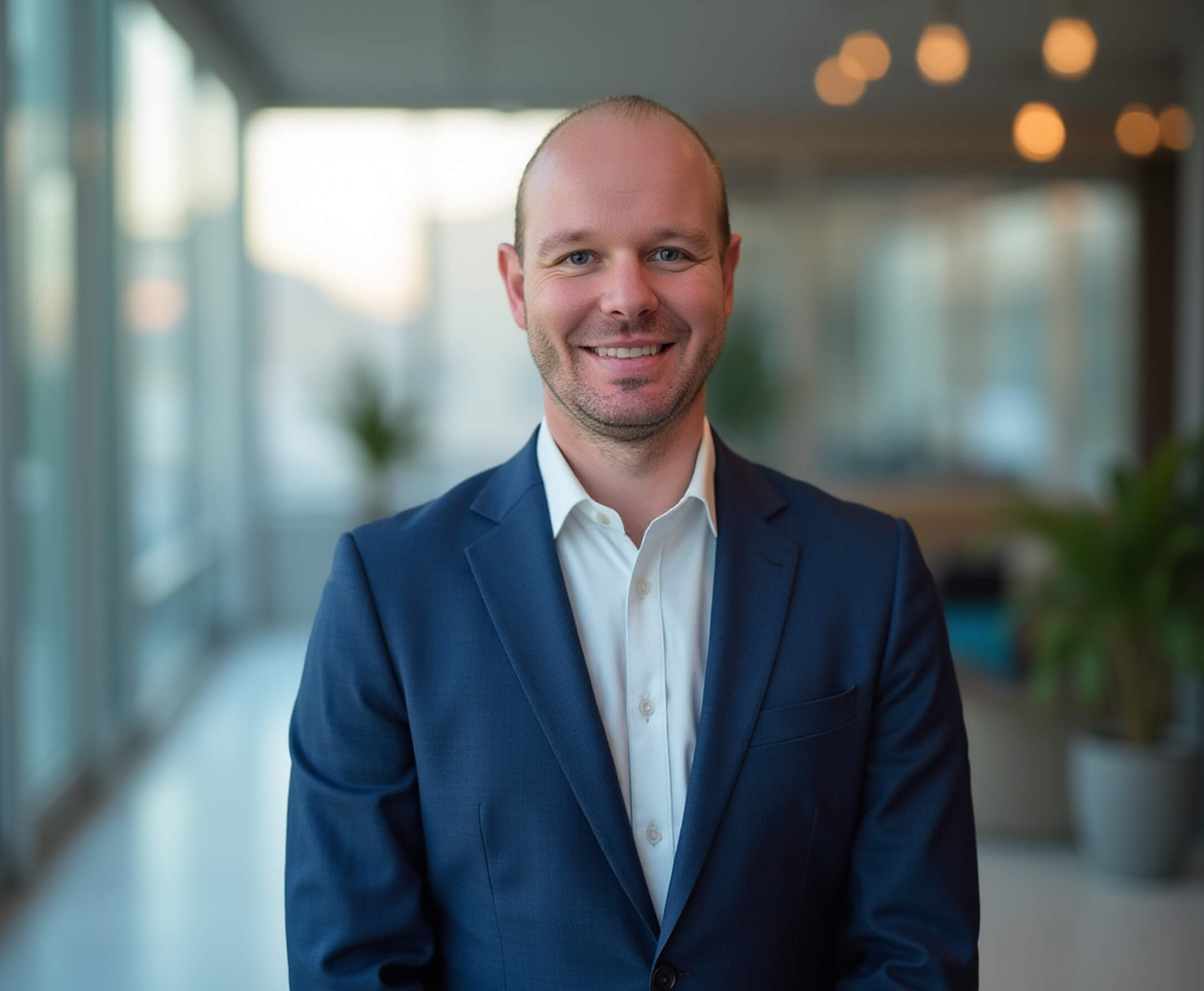 Michael Berger in einem dunklen Anzug und weißem Hemd vor einem modernen, hellen Bürohintergrund.
