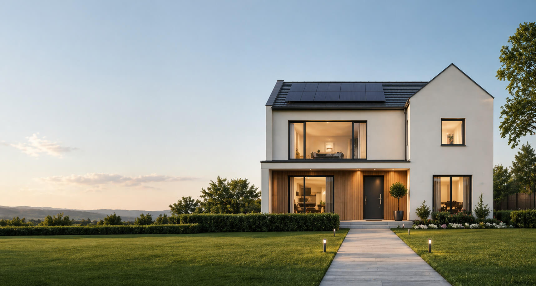 Modernes zweistöckiges Haus mit Solarpaneelen auf dem Dach, großen Fenstern, Holzverkleidung im Eingangsbereich und gepflegtem Vorgarten bei Sonnenuntergang.