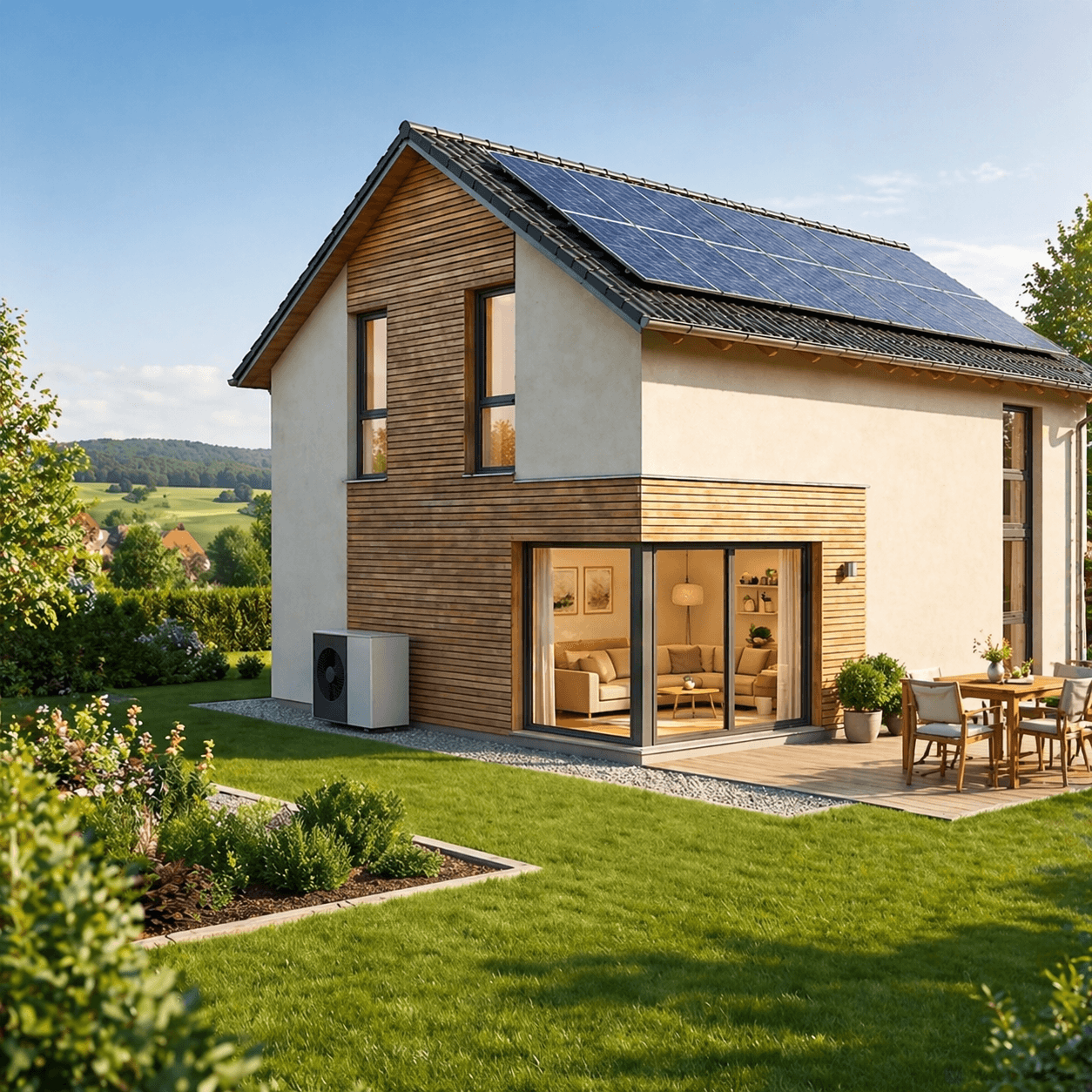 Modernes Haus mit Holzverkleidung, großen Fenstern, Solarpaneelen auf dem Dach und einer Terrasse mit Esstisch im Garten.