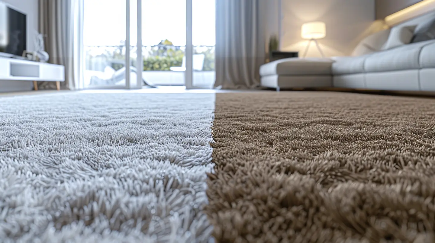 Close-up of a living room carpet split into two colors, beige on the right and light gray on the left, with a sofa and lamp in the background.