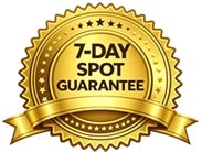 Gold seal badge with stars and ribbon, displaying the text '7-DAY SPOT GUARANTEE'.