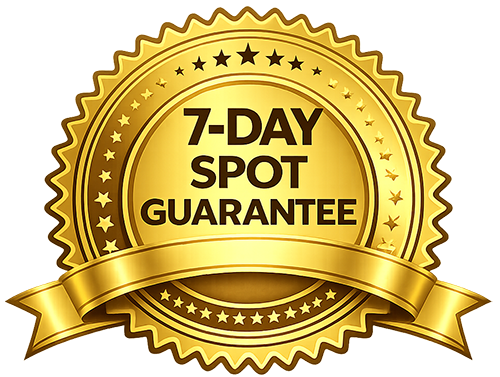 Gold seal badge with stars and ribbon, displaying the text '7-DAY SPOT GUARANTEE'.
